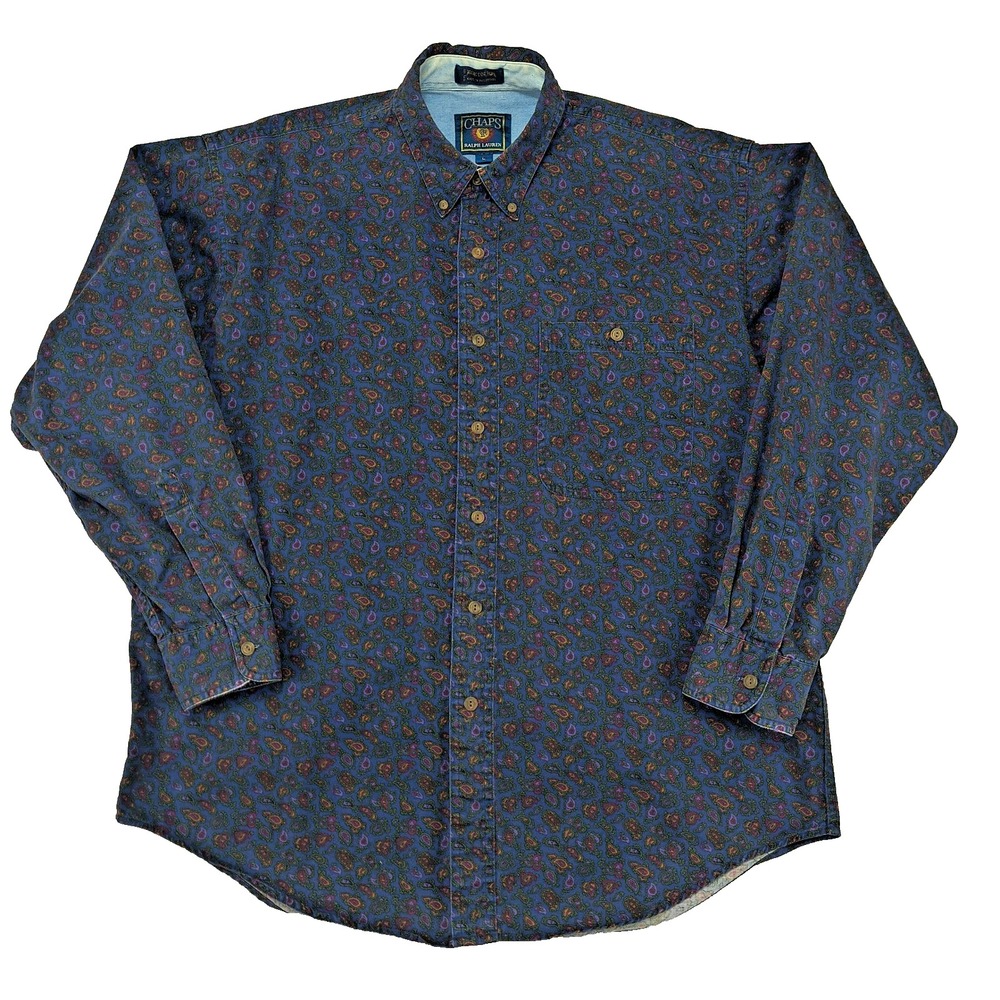 Chaps Ralph Lauren Mens Large Vintage 90s Paisley Cotton Button‎ Down Shirt Blue